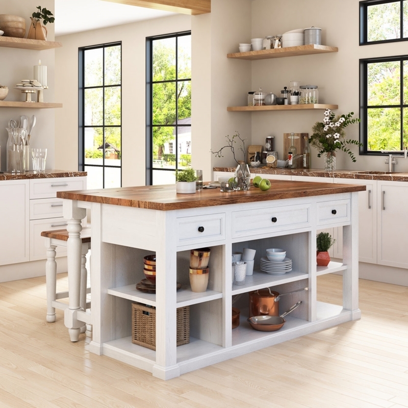 Kitchen Island Set with Stone-Like Top and Dark Wood Base with Stools