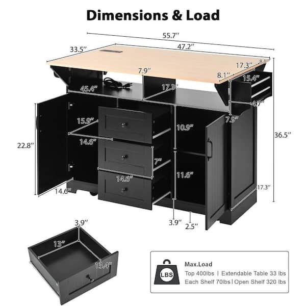 Kitchen Island Silver Hardware Drop Leaf Five-Caster Base Cart