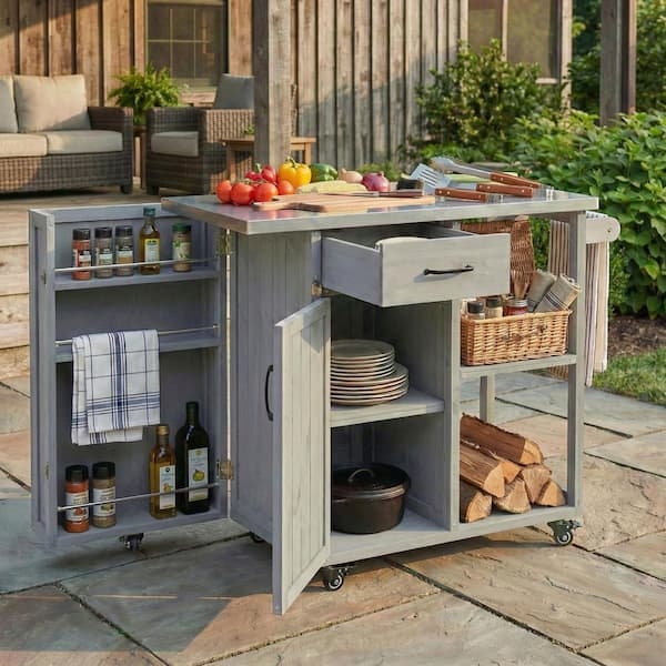 Kitchen Island Stainless Steel Top Slatted Shelves Outdoor Mobile