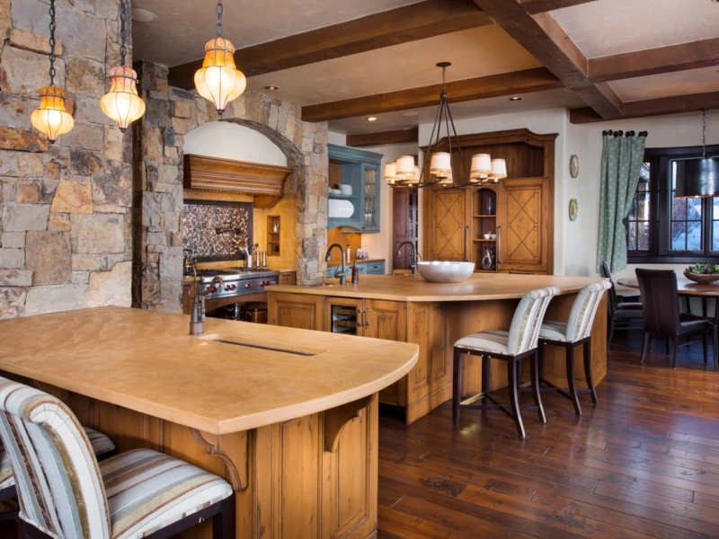 Kitchen Island Stone Base Seating Exposed Timber Beams Rustic Lodge Style