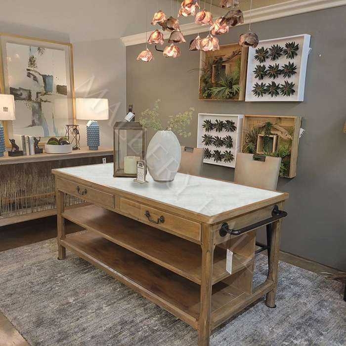 Kitchen Island Stone Countertop Distressed Wood Rustic Farmhouse Storage
