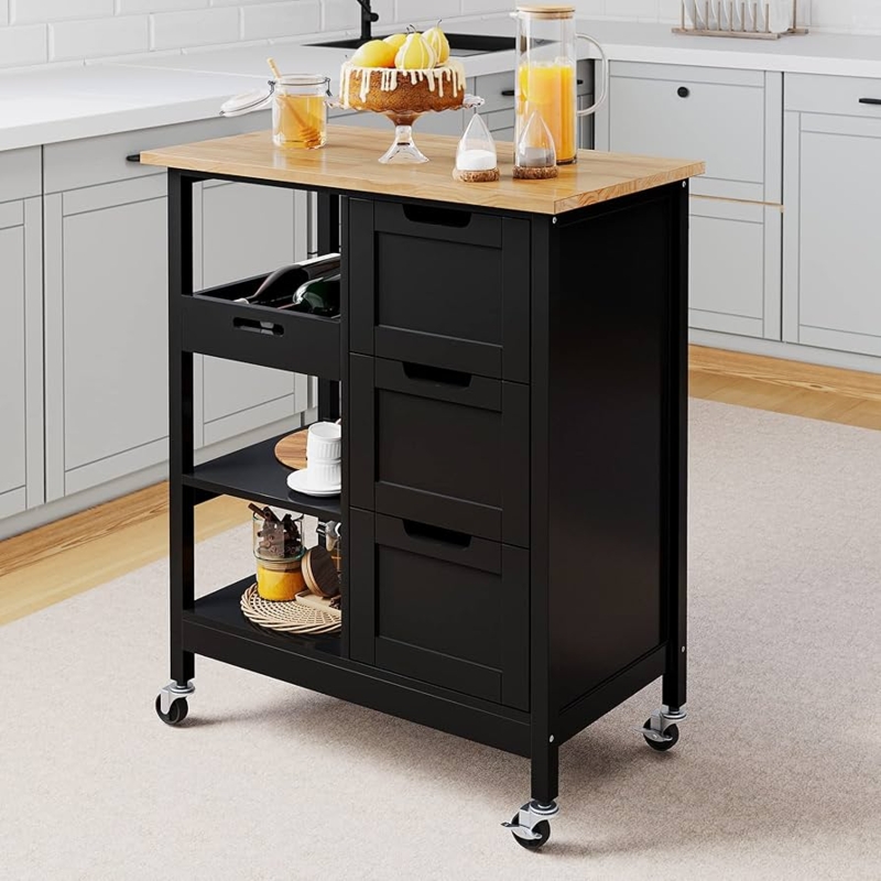 Kitchen Island Three Drawers Slatted Shelves Black Rolling Cart