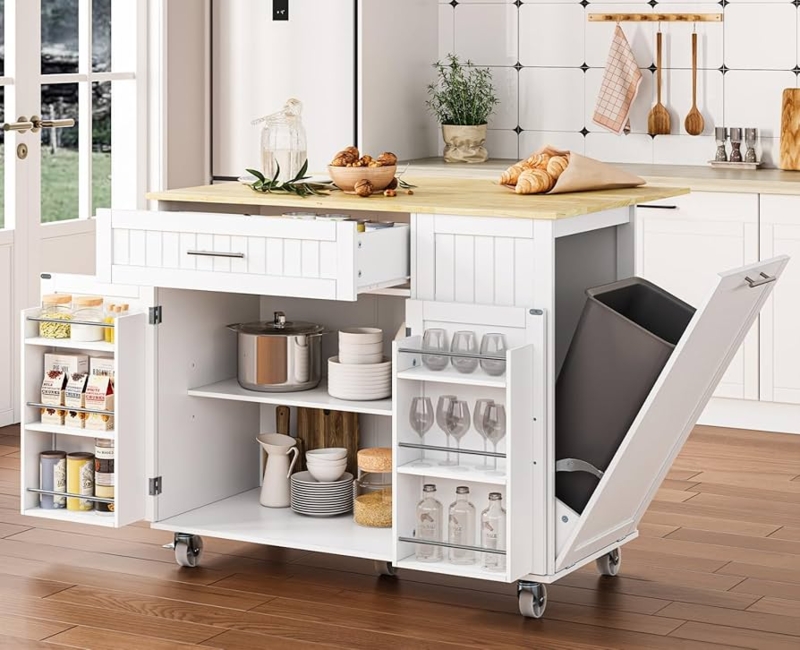 Kitchen Island White Drop Leaf with Trash Storage Cart