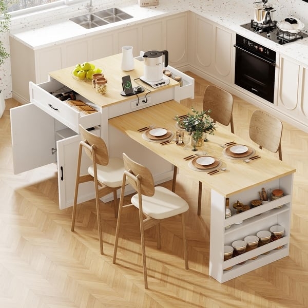 Kitchen Island White Extendable Dining Table Built-in Storage Farmhouse