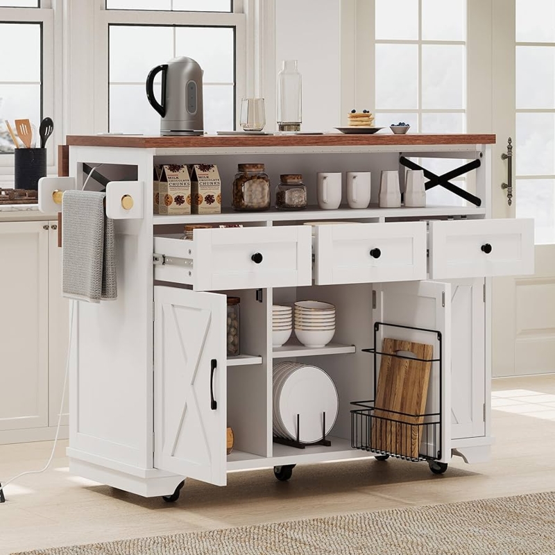 Kitchen Island White Farmhouse Cart with Decorative Beaded Trim