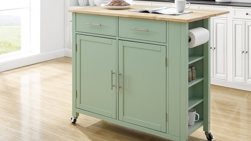 Kitchen Island White Farmhouse with Drop Leaf & Black Hardware
