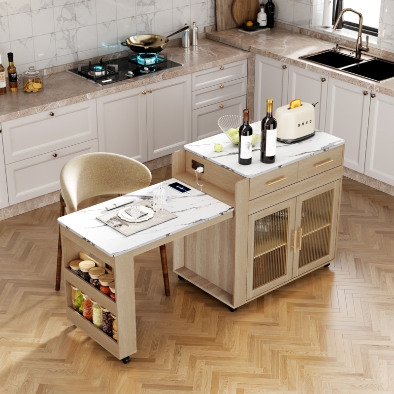 Kitchen Island White Glam Gold Hardware Extendable Table