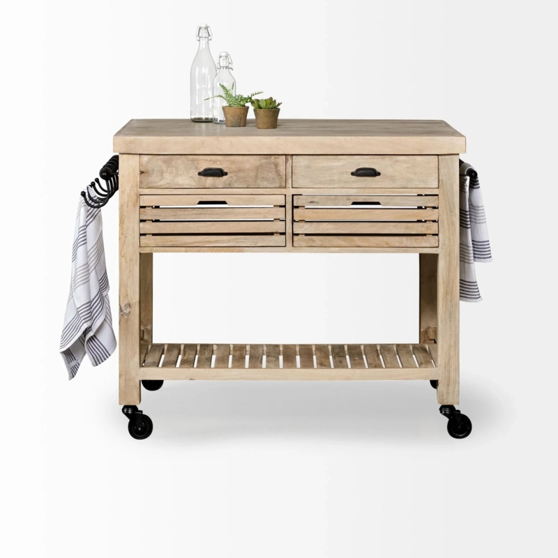 Kitchen Island White Metal Frame Mesh Shelves Rolling Utility Cart