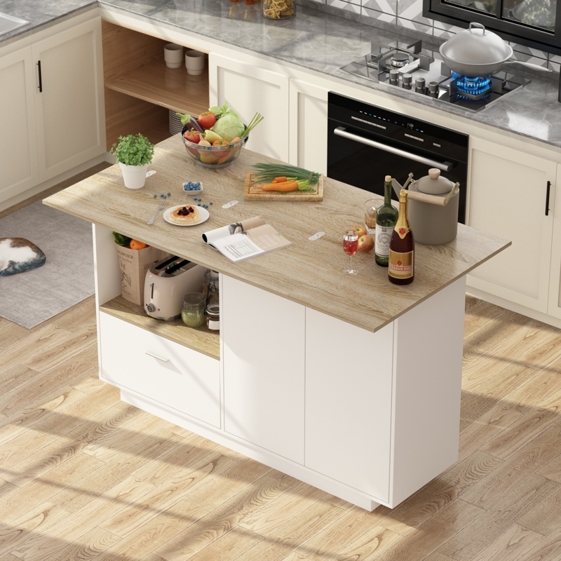 Kitchen Island White Mobile Cart Drop Leaf Storage Drawers