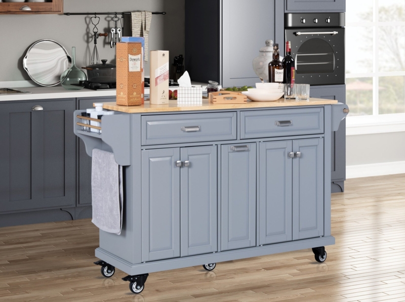 Kitchen Island White Mobile Cart With Integrated Spice Rack And Wood Top