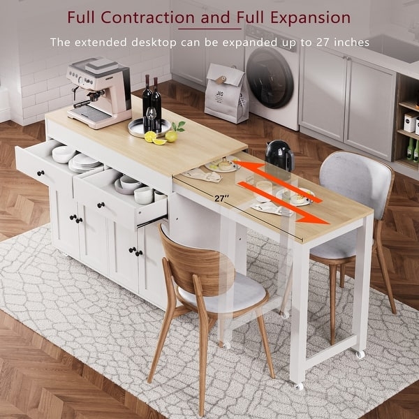 Kitchen Island White Mobile Drop Leaf Top Four Door Cabinet Storage Base