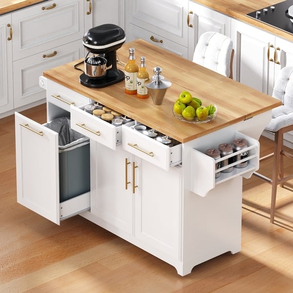 Kitchen Island, White, Pull Out Organizers, Trash Storage