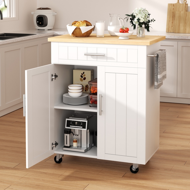Kitchen Island White Rolling Cart, Three Tier Shelving & Towel Bar