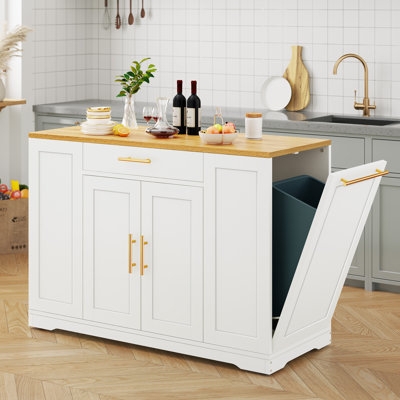 Kitchen Island White Rolling Cart Trash Can Storage Cabinet