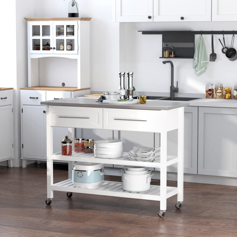 Kitchen Island White Stainless Steel Top Slatted Open Shelving