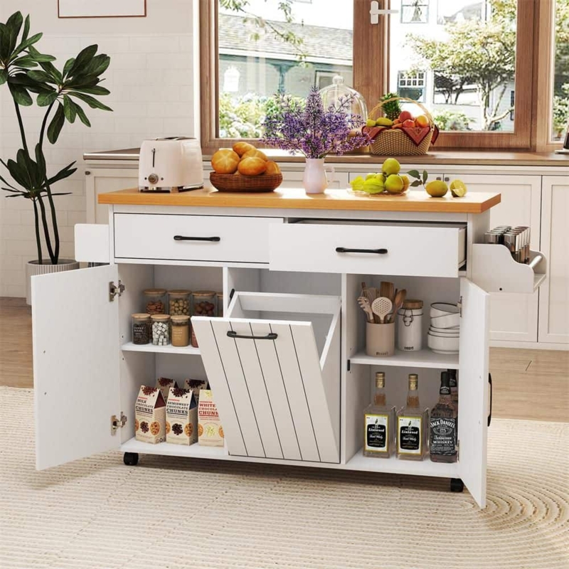 Kitchen Island White Tilt Out Trash Cabinet Wood Toned Top