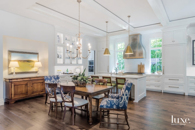 Kitchen Island White Waterfall Edge with Emerald Green Barstools
