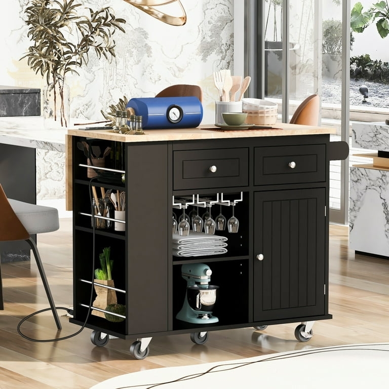 Kitchen Island with Built-In Power Outlet & Drop Leaf Extension
