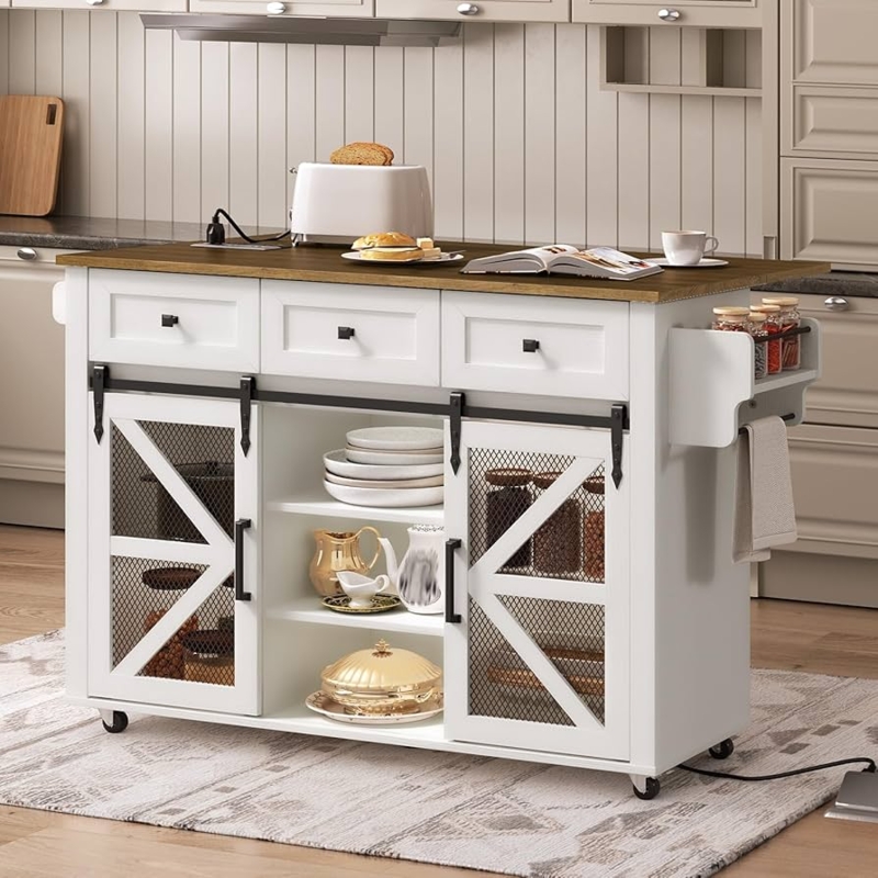 Kitchen Island With Charging Station And Drop Leaf Barn Doors
