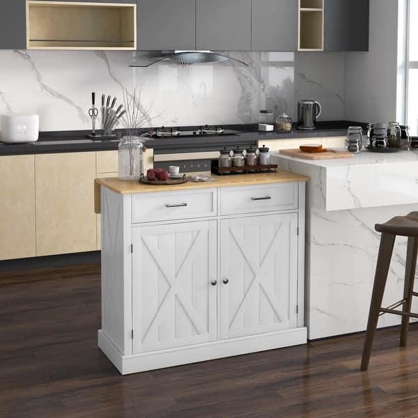 Kitchen Island with Drop Leaf Extension and Mobile Storage White