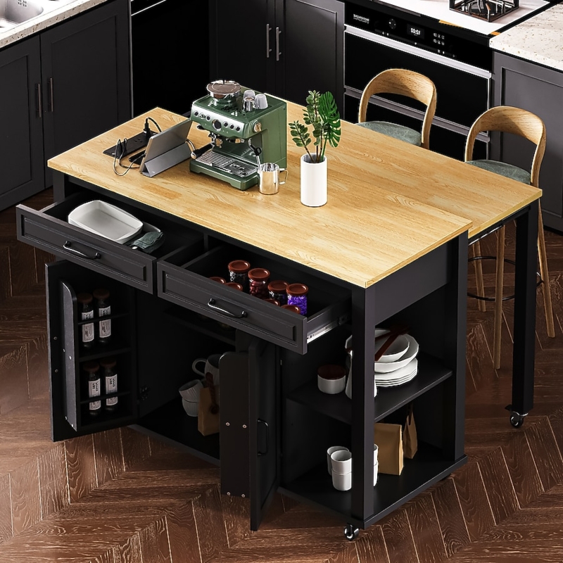 Kitchen Island with Integrated Power Outlet, Shaker Style Cabinets