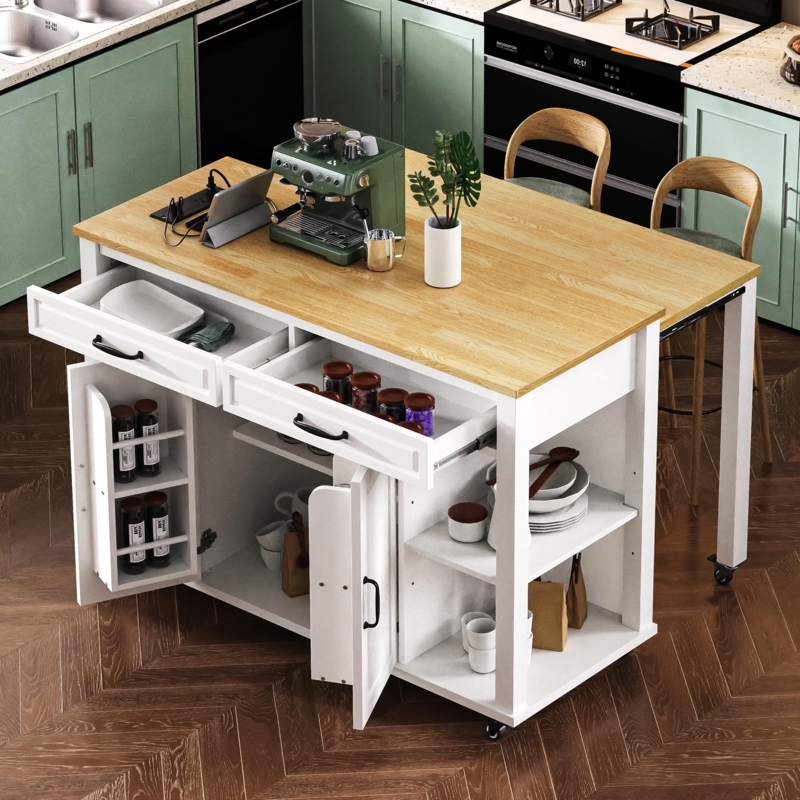 Kitchen Island with Integrated Spice Rack, Drop Leaf, Modern Farmhouse.