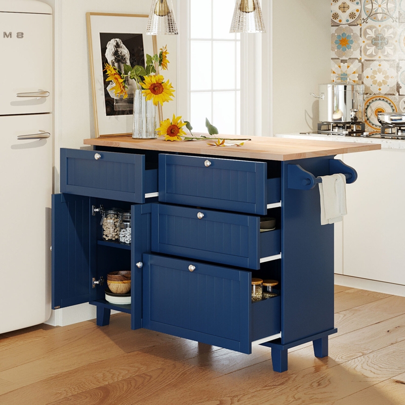 Kitchen Island with Marble Look Top, Gold Hardware, and Open Shelves