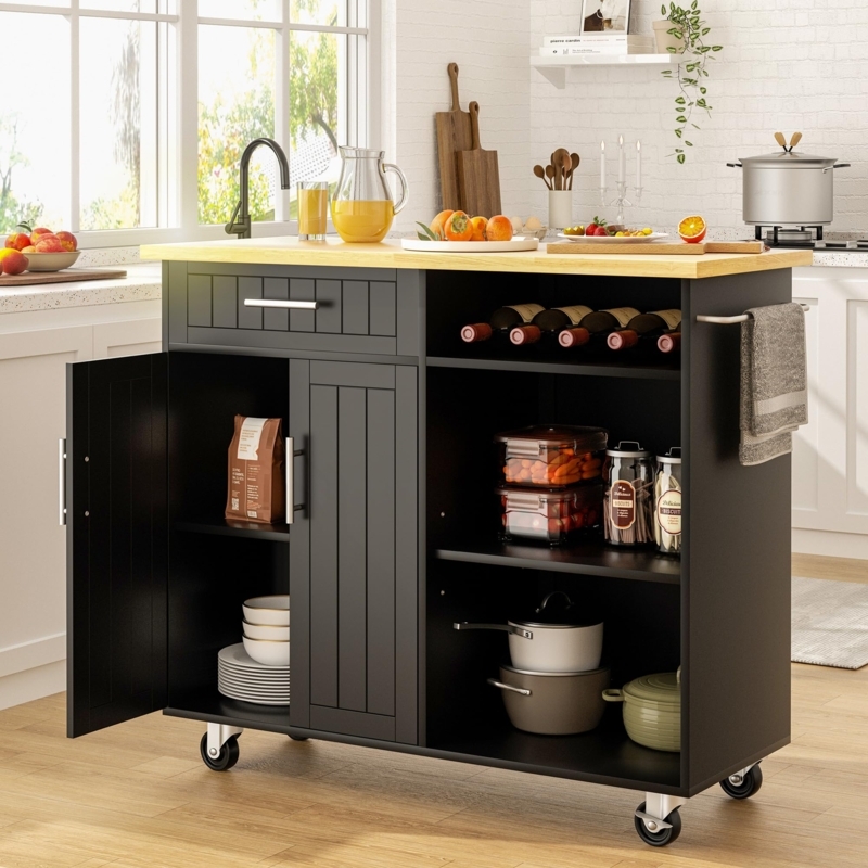 Kitchen Island with Open Shelves, Matte Black Finish & Wood Top