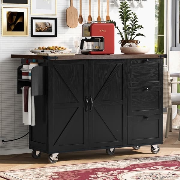Kitchen Island with Power Outlet, Spice Rack & Drop Leaf Dining Table