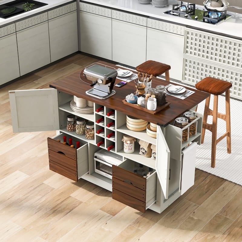 Kitchen Island with Side Spice Rack, Drop Leaf and Black Hardware