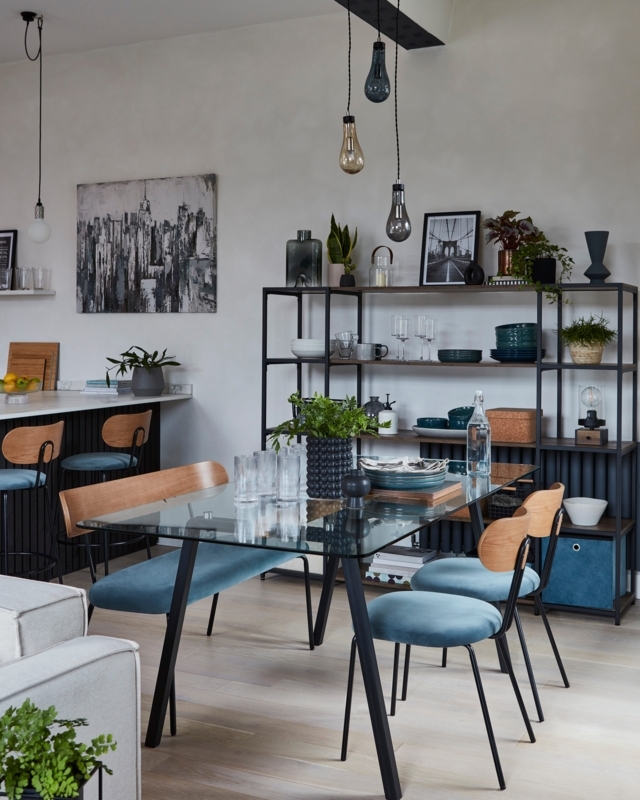 Kitchen Island with Slatted Base, Modern Industrial Design, Exposed Brick Wall