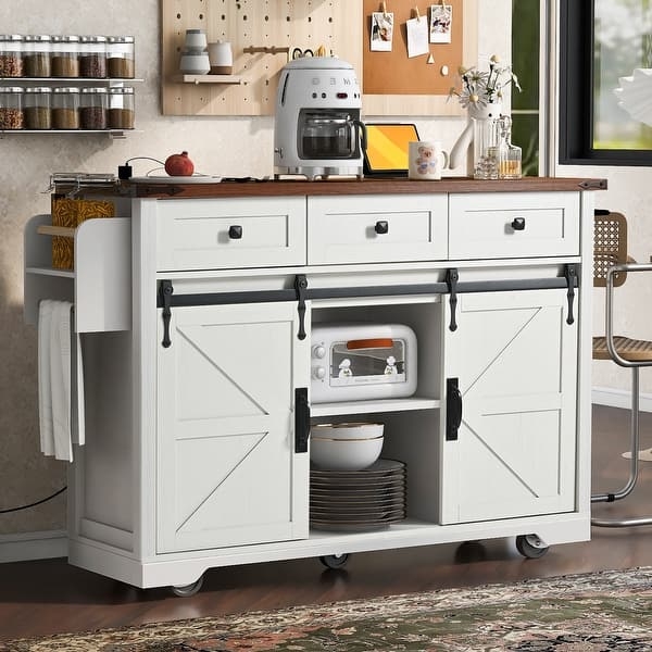 Kitchen Island with Sliding Barn Doors and Drop Leaf Power Outlet