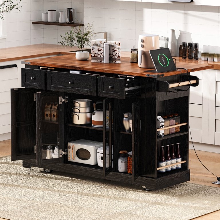 Kitchen Island with Tempered Glass Doors and Black Finish