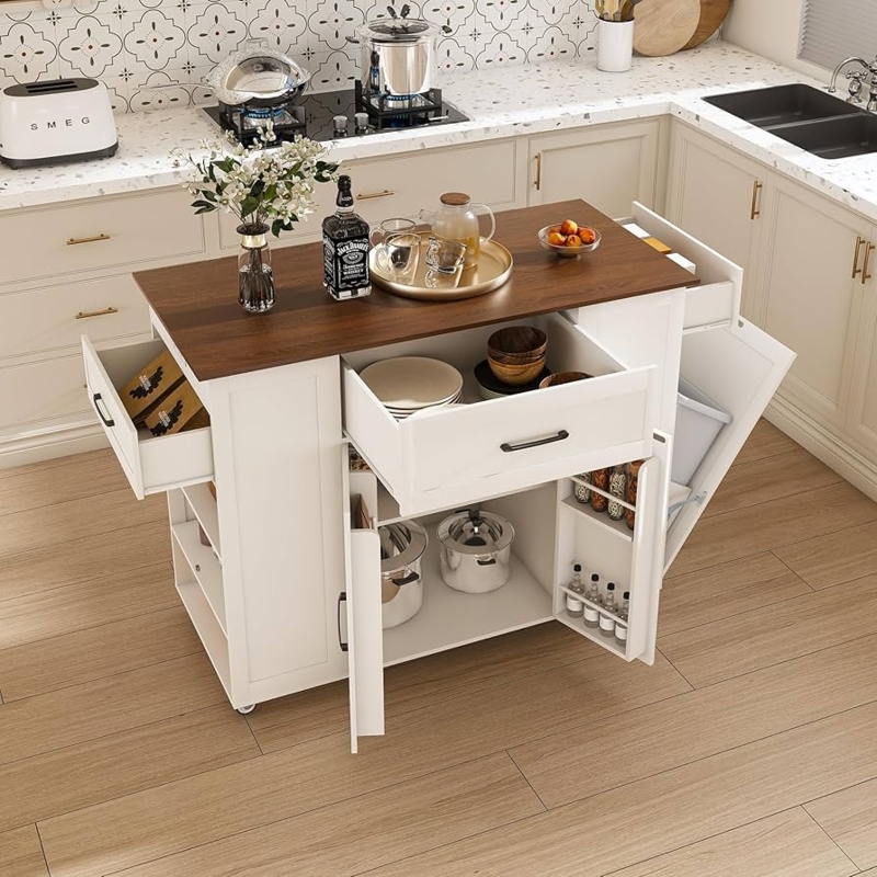 Kitchen Island With Trash Cabinet Power Outlet Drop Leaf