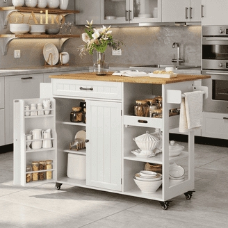 Kitchen Island With Woven Baskets And Expandable Wood Top
