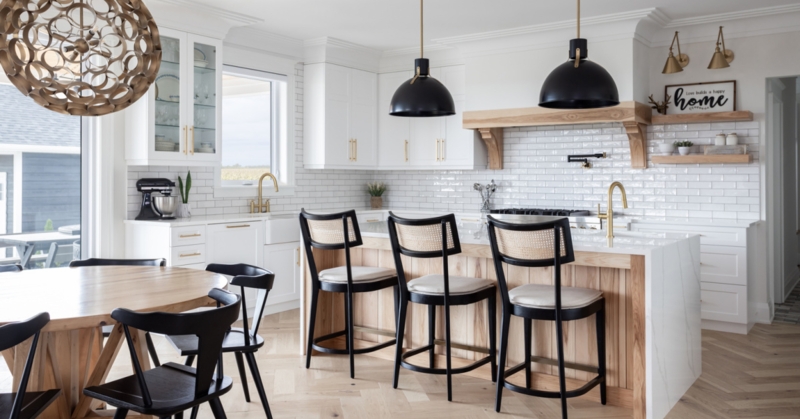 Kitchen Modern Farmhouse Blonde Wood Cabinetry Black Pendants
