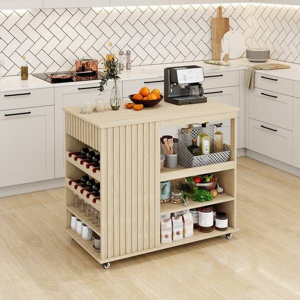 Kitchen Serving Trolley with Slatted Cabinet Doors and Wine Storage