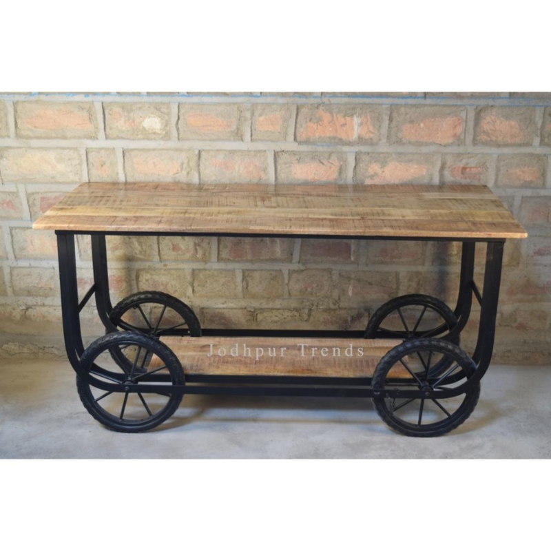 Kitchen Trolley Iron Frame Mango Wood Top Three-Tier Industrial Cart