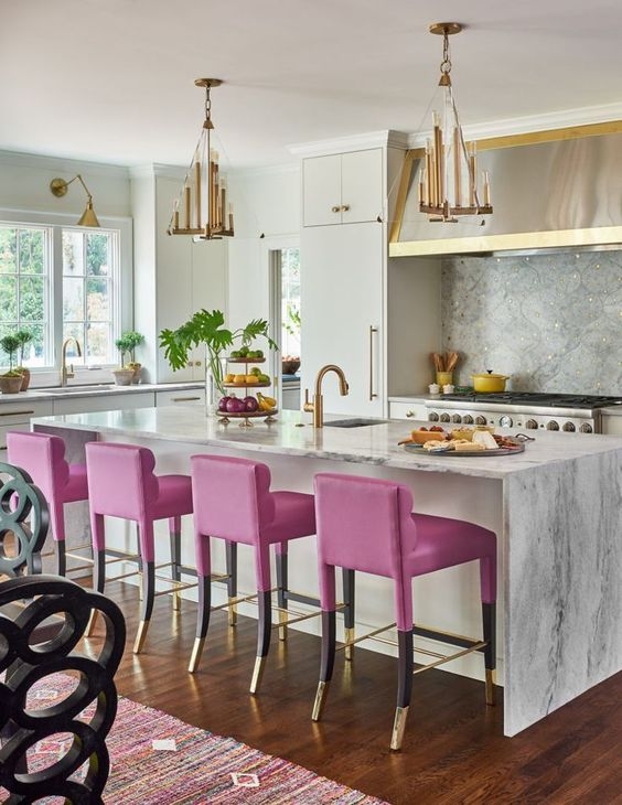 Kitchen White Cabinets Gray Marble Backsplash Hot Pink Stools