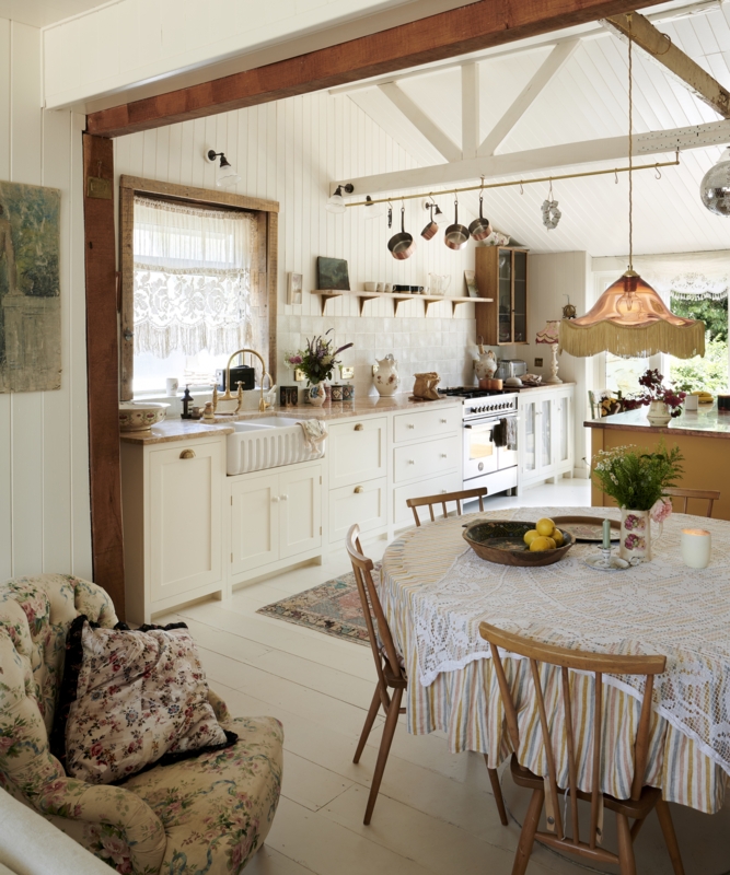 Kitchen with Terracotta Backsplash and Natural Wood Floating Shelves