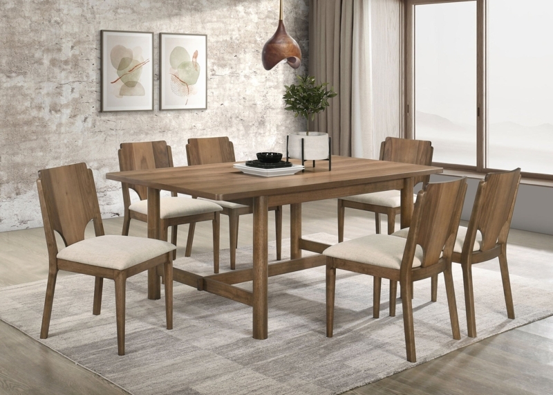 Ladder Back Dining Chairs Set 7-Piece Walnut Tone Black Upholstery