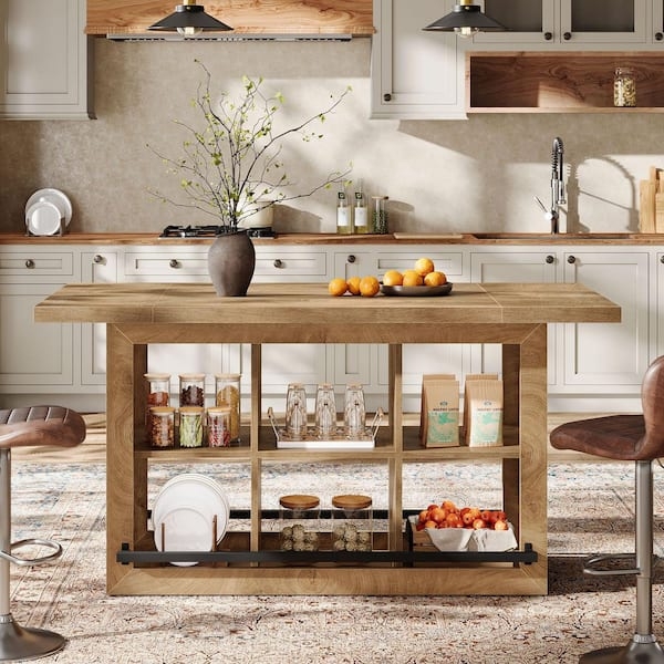 Large Farmhouse Kitchen Island with Six Open Shelves and Footrest