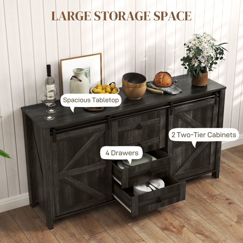 Large Farmhouse Sideboard with X-Frame Barn Doors and Wood Top