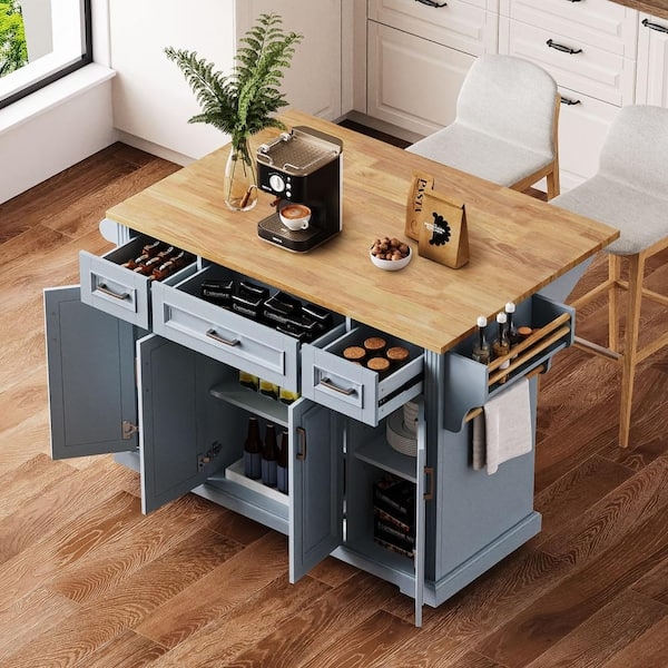 Large Gray-Blue Kitchen Island With Wood Top, 4-Door Cabinet, Drop Leaf.