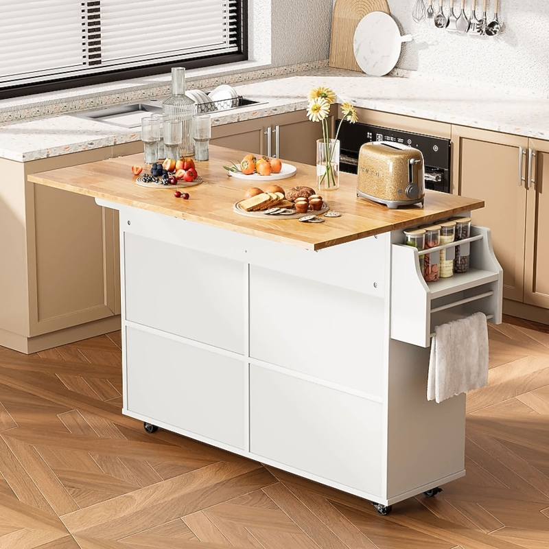 Large Kitchen Island Cart with Black Countertop and Open Shelf