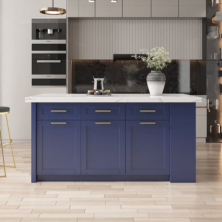 Large Modern Kitchen Island with Wood Top and Gold Hardware