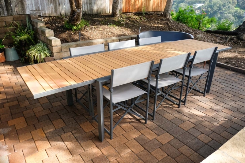 Large Patio Dining Set Wood Slat Top Eight Person Metal Frame (66 characters)