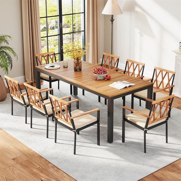 Large Patio Dining Table, Slatted Wood Top, Umbrella Hole