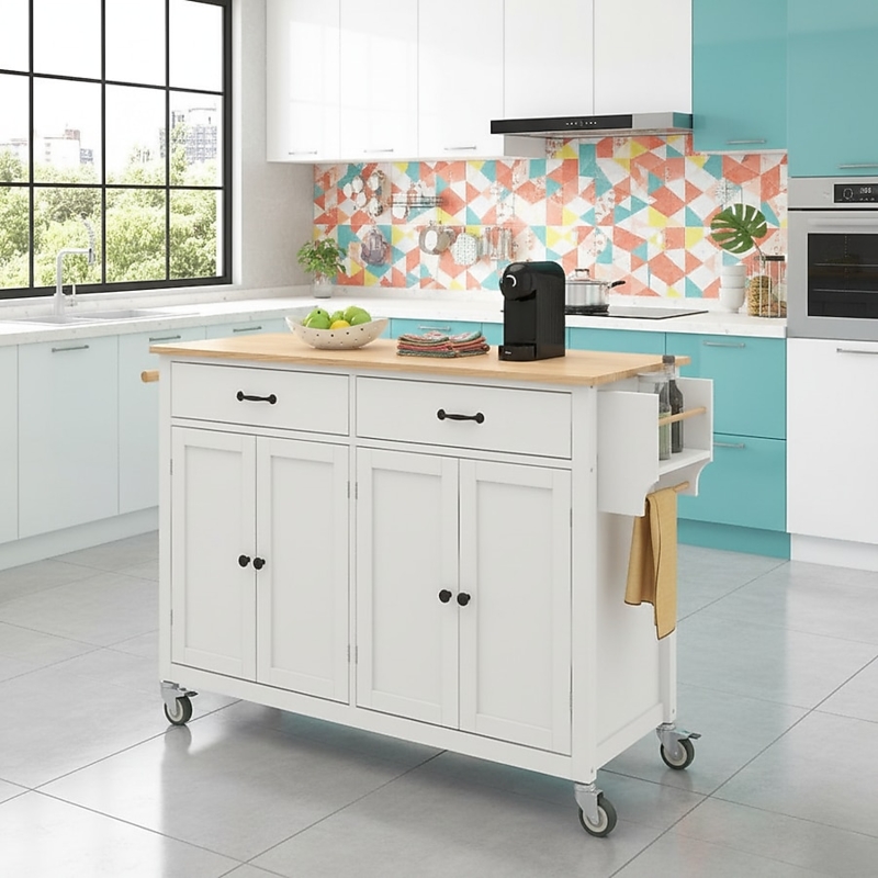 Large White Kitchen Island with Raised Panel Doors and Four Door Storage
