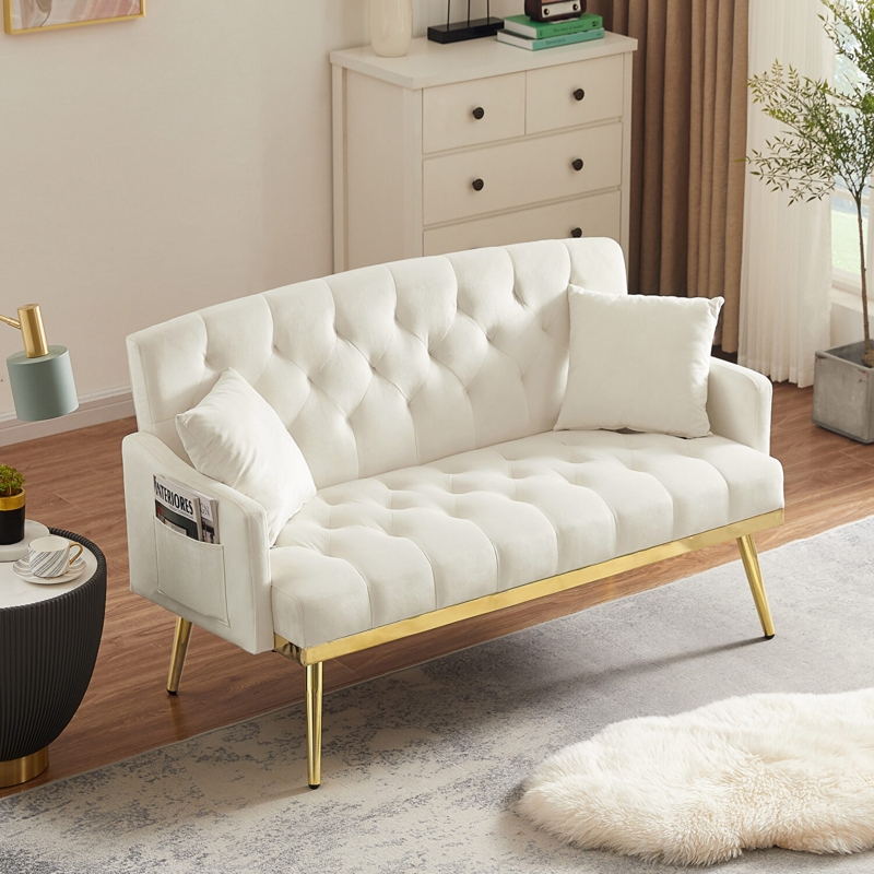 Leather-Like Loveseat with Grid Tufting and Polished Chrome Base